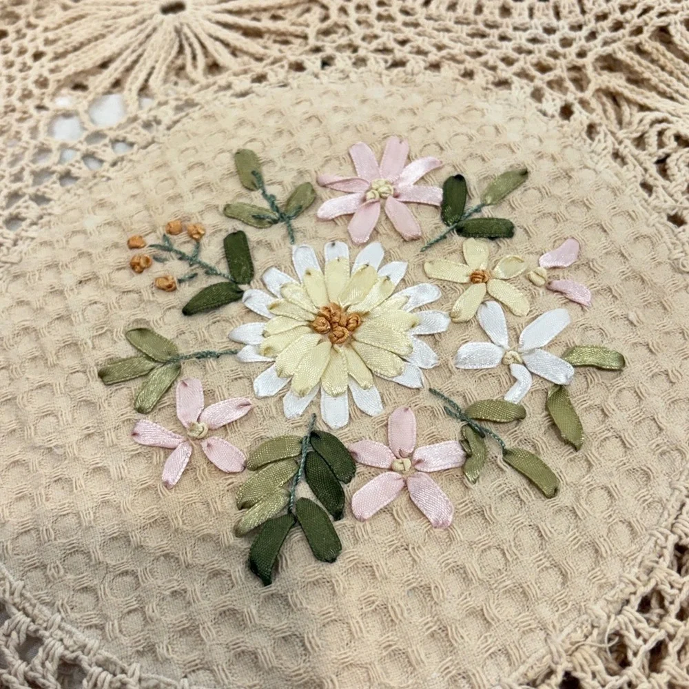 Vintage Hand Crocheted Lace Square Tablecloth Silk Ribbon Embroidery Floral 35in